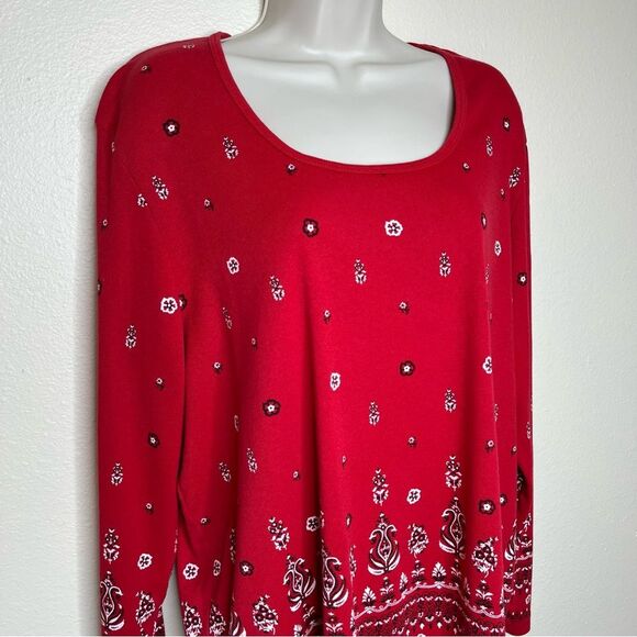 Carolina Colours Plus Red Bandana Print Long Sleeve Round Neck T Shirt Women 20W - Picture 2 of 13